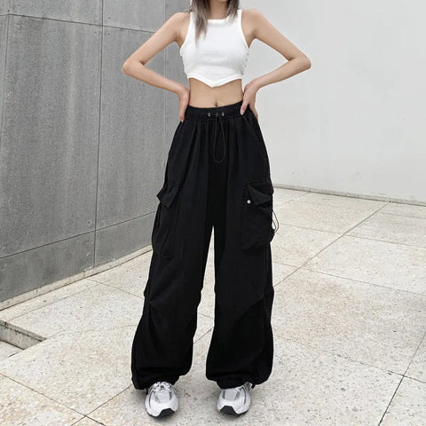 Trendy Techwear Pants with Wide Leg and Low Waist