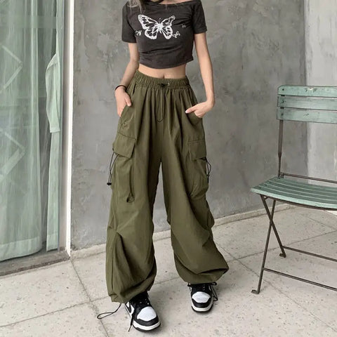 Trendy Techwear Pants with Wide Leg and Low Waist