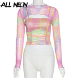 Lange Ärmel E-Girl psychedelische Farbe Crop Top