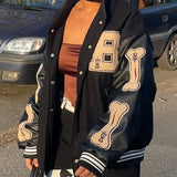 Y2K Baseball Bomber Jacket for Women with Bone Detail and Patches