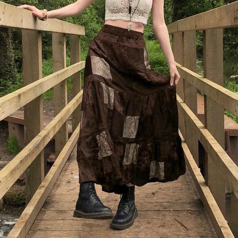 High-Waist Midi Skirt in Velvet Brown Fairycore Aesthetic