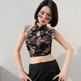 Vintage Crop Top with Halterneck and Dragon Embroidery in Chinese Style