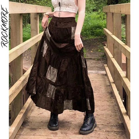 High-Waist Midi Skirt in Velvet Brown Fairycore Aesthetic