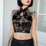 Vintage Crop Top with Halterneck and Dragon Embroidery in Chinese Style
