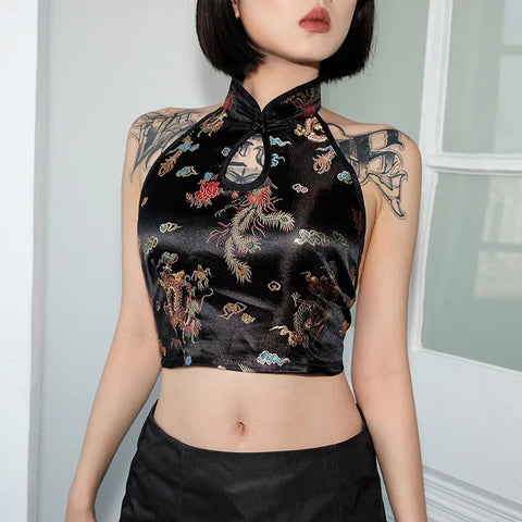 Vintage Crop Top with Halterneck and Dragon Embroidery in Chinese Style