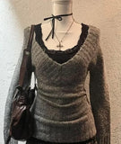 V-cut Knit Top for Women in Grunge Style Slim Fit