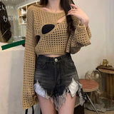 Knitted Crop Top with Hole Pattern and O-Neck for a Trendy Look