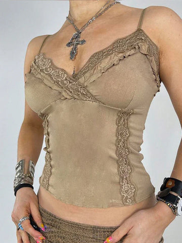 Fairy-Grunge Lace Crop Top in Khaki with Spaghetti Straps