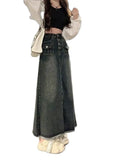E-Girl Retro Grauer Maxi Jeansrock mit Hoher Taille