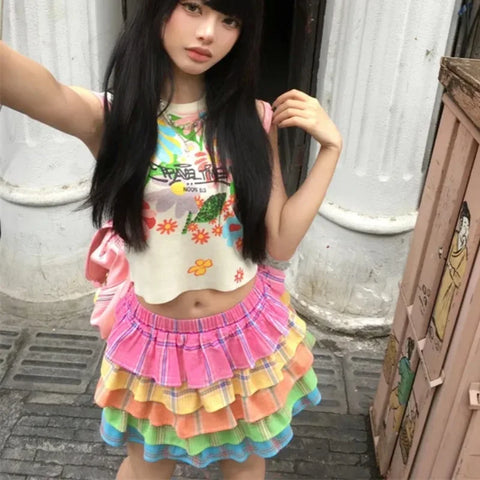 Colorful E-Girl Pleated Skirts in Y2K Style – Cute Rainbow Fashion