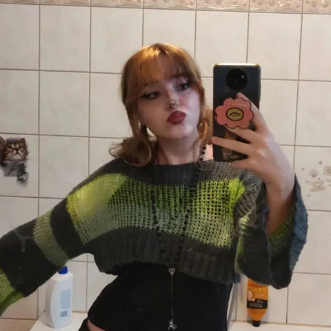 Green Striped Crop Sweater Fairycore for Women