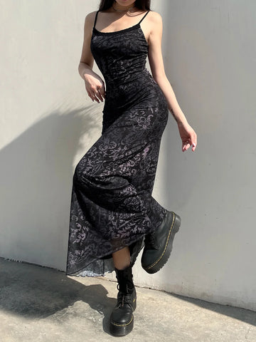 Dark Printed Lace Trim Mesh Dress