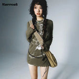 Grunge Green Longsleeve Shirt with Graffiti Print