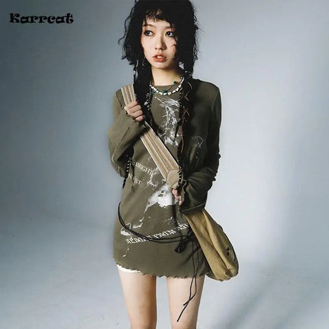 Grunge Green Longsleeve Shirt with Graffiti Print