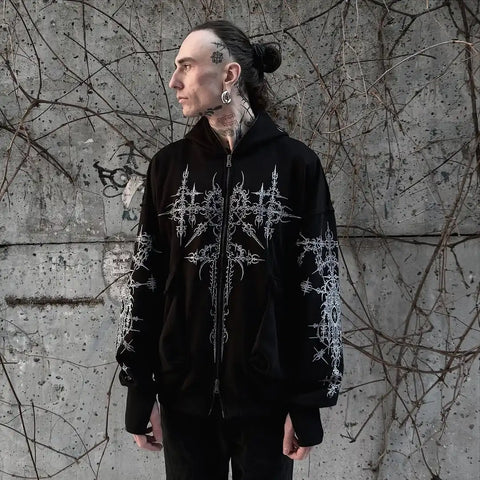 Engaging black hoodie with three-dimensional gothic patterns