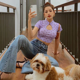 Y2K Kurzarm Crop-Top mit Blumenmuster und O-Ausschnitt