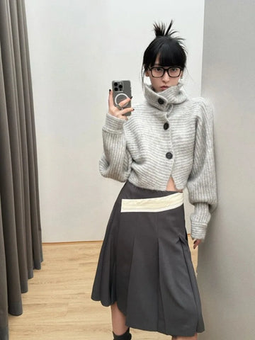 Gray striped cardigan in Korean style crop design