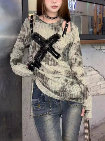 Gothic Off-Shoulder T-Shirt with Decorative Cross and Chains