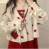 Kawaii Summer Cardigan with Strawberry Embroidery in Indie Style
