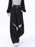 Black Y2K Cargo Pants for Women Wide Cut with Zipper Detail