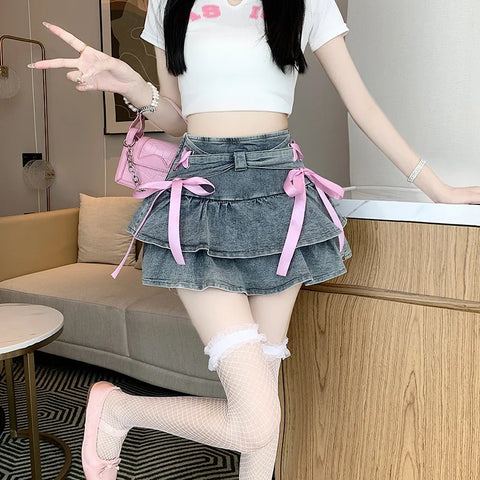 フリルとピンクの甘くてセクシーなデニムスカートショートパンツ