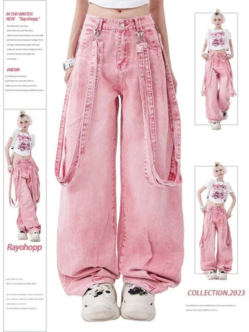 Pink Cargo Jeans Y2K Oversize Women