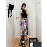 Gothic Y2K Wide Pants for Women with Cat Pattern and Colorful Print