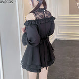 Japanese Gothic Bow Dress Shorts Set with Lace and Playful Ribbon