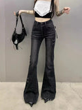 Gothic Flared Jeans with Bows and Raw Edge Hem