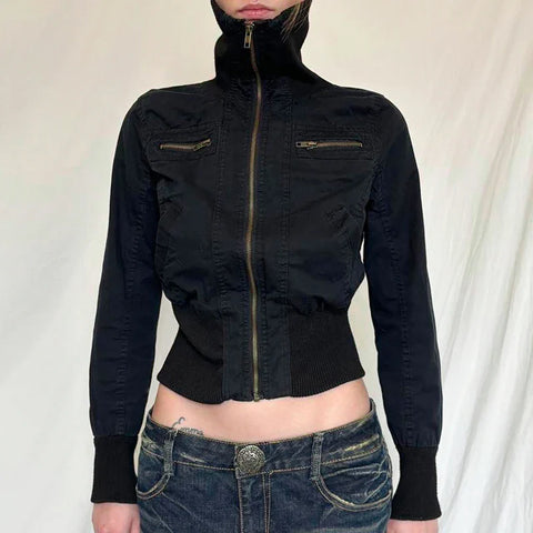Black Gothic Zip-Up Jacket for Autumn/Winter Cropped Turtleneck