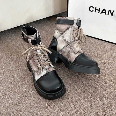 Gothic Leather Ankle Boots with Platform and Lacing