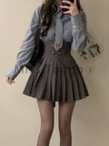 3-piece E-girl Rock Set: Short Coat, Pleated Skirt & Striped Shirt