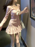 Delicate Softgirl-Pink Mini Dress with Ruffled Hem and Bow