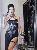 Gothic Summer Dress with Sheep Totem Print and Halter Straps