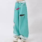 Blaue Jeans Soft-Girl Gürtel Hohe Taille Weite Bein Hose