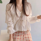 White blouse with V-neck & trumpet sleeves in Korean style