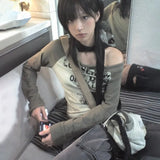 Off-Shoulder T-Shirt in Grunge Style with 90s Graffiti Print