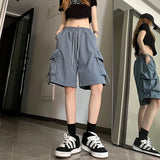 Alternative Black High Waist Cargo Shorts with Wide Leg