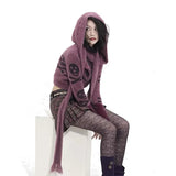 Playful grunge hooded cardigan with Gothic skull motif in lilac