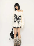 オフショルダー 蝶プリント ニットセーター