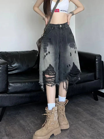 Y2K Denim Shorts for Women Gradient Jeans with Frayed Edges