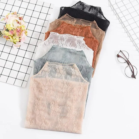 Lace Bottomed Blouse Women Long Sleeve Crop Top Sleeved High Neck With