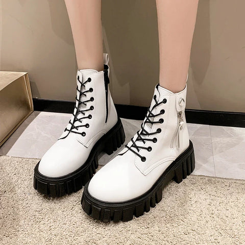 Stylish white chunky boots with lacing Perfect for goths