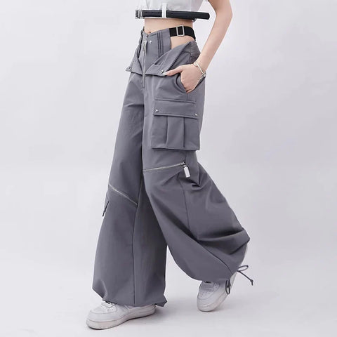 Y2K Streetwear High-Waist Cargo Pants with Hollow-Out Design