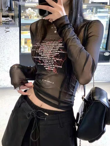 Transparent Long Sleeve Mesh Tops in E-Girl Style