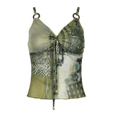 Y2K Graphic Print Camisole with Ring Detail Green V-Neck