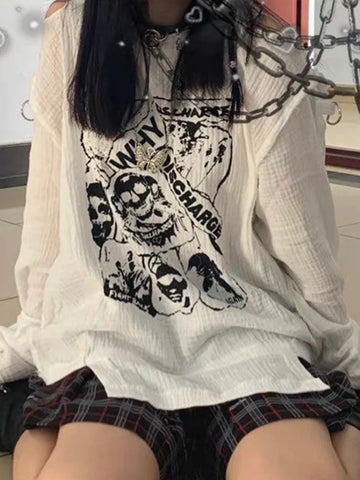 Skull Print Graphic Tee for Women One-sided Irregular Fairy Grunge