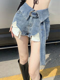 レディース用 Y2K スタイルのハイウエスト 破れデニム ショートパンツ