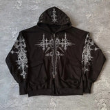 Engaging black hoodie with three-dimensional gothic patterns