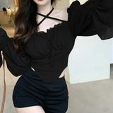 Fairy-grunge Style Blouse with Puff Sleeves and Cross Straps
